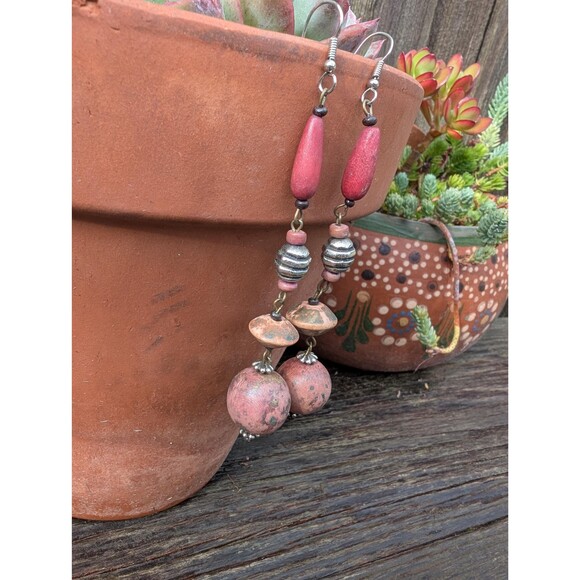 Vintage Wood Bead Dangle Earrings: Bohemian Earrings - Picture 4 of 13